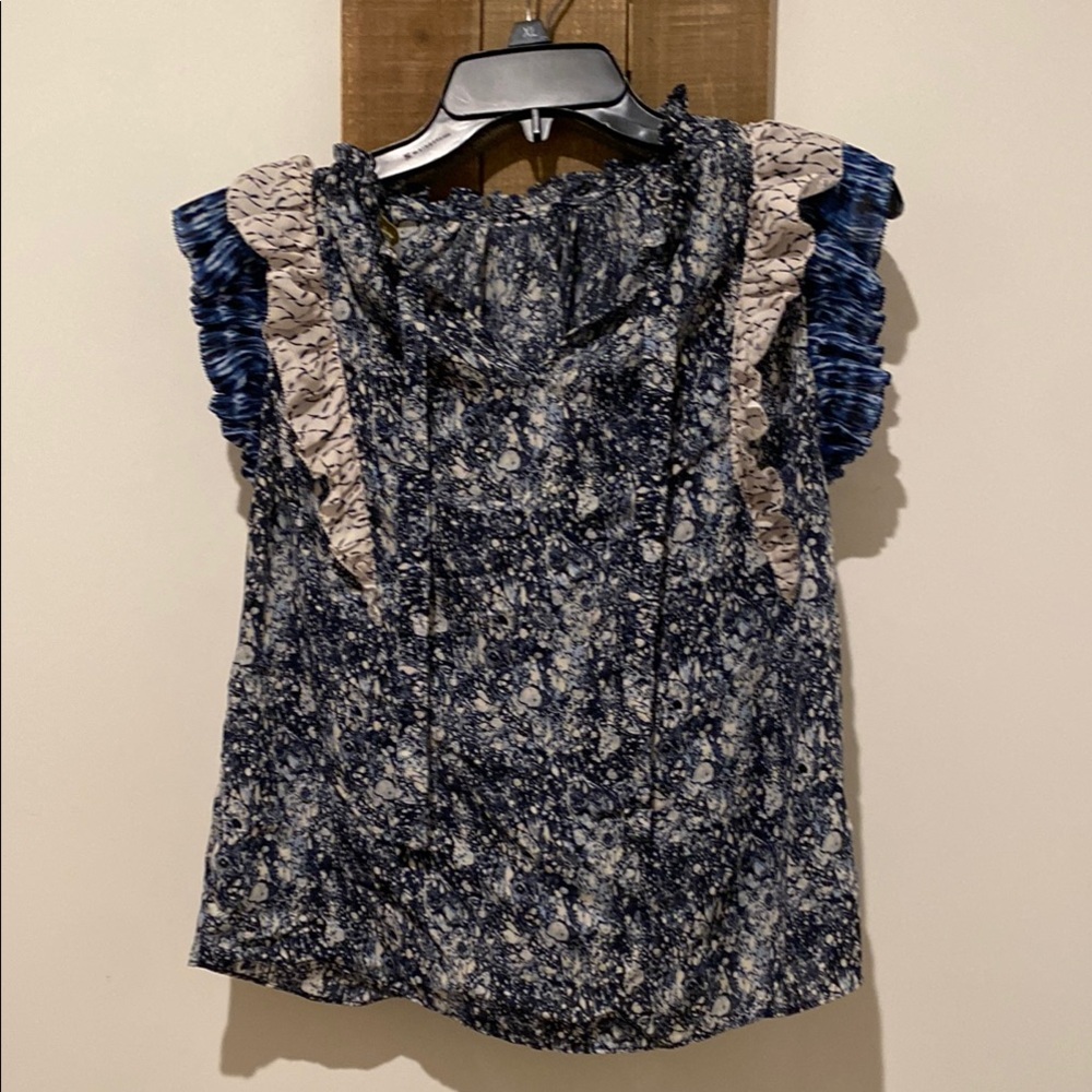 House of Harlow 1960 Blue and White Ruffled Blouse